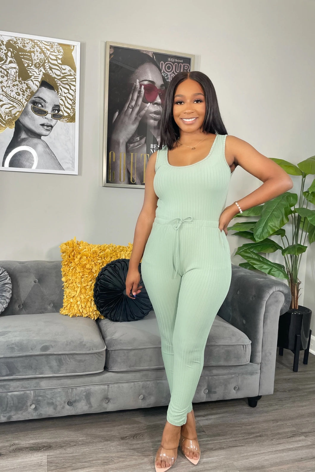 Keep It Simple Ribbed Jumpsuit - Green Bay