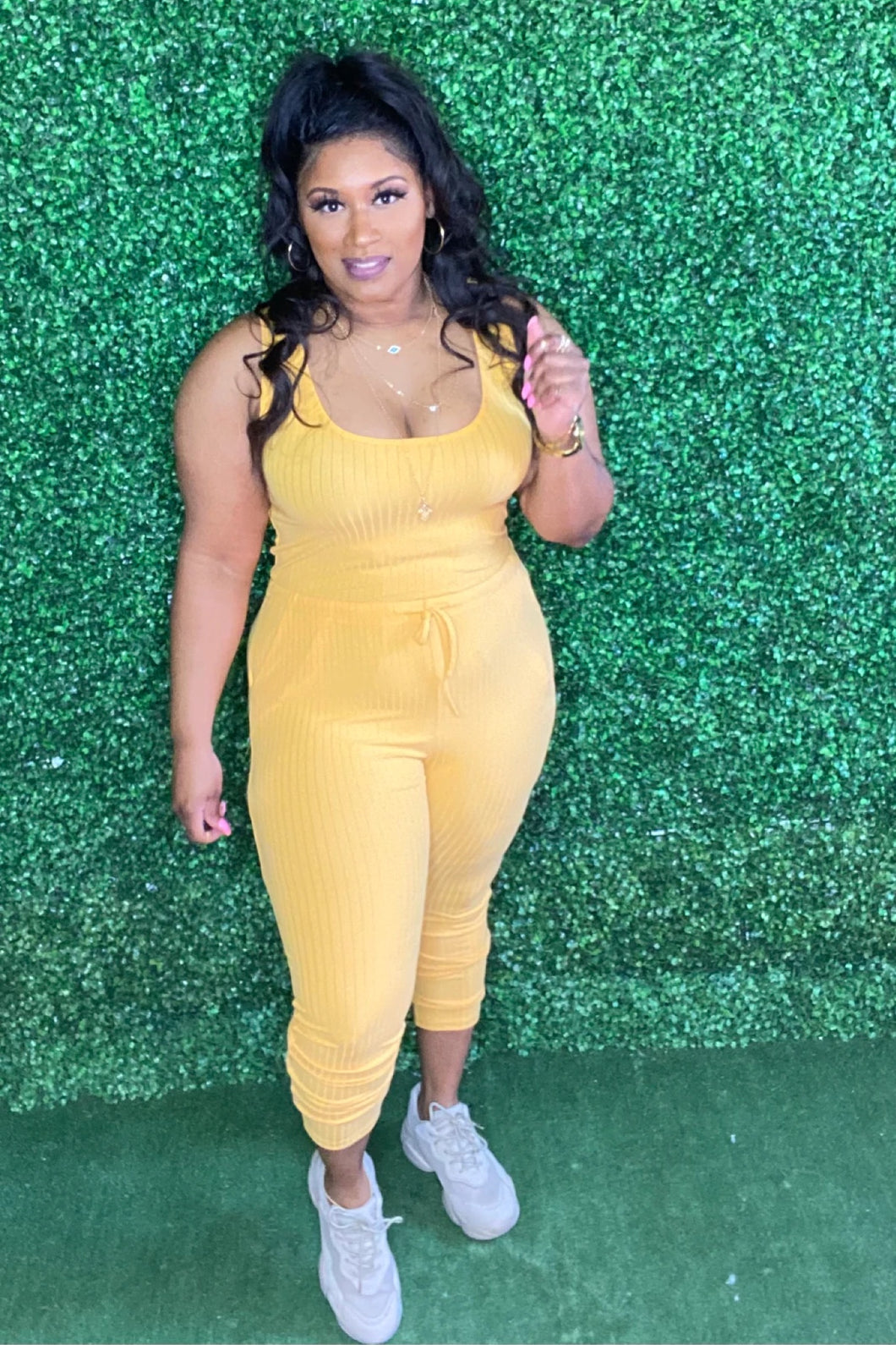 Keep It Simple Ribbed Jumpsuit - Yellow